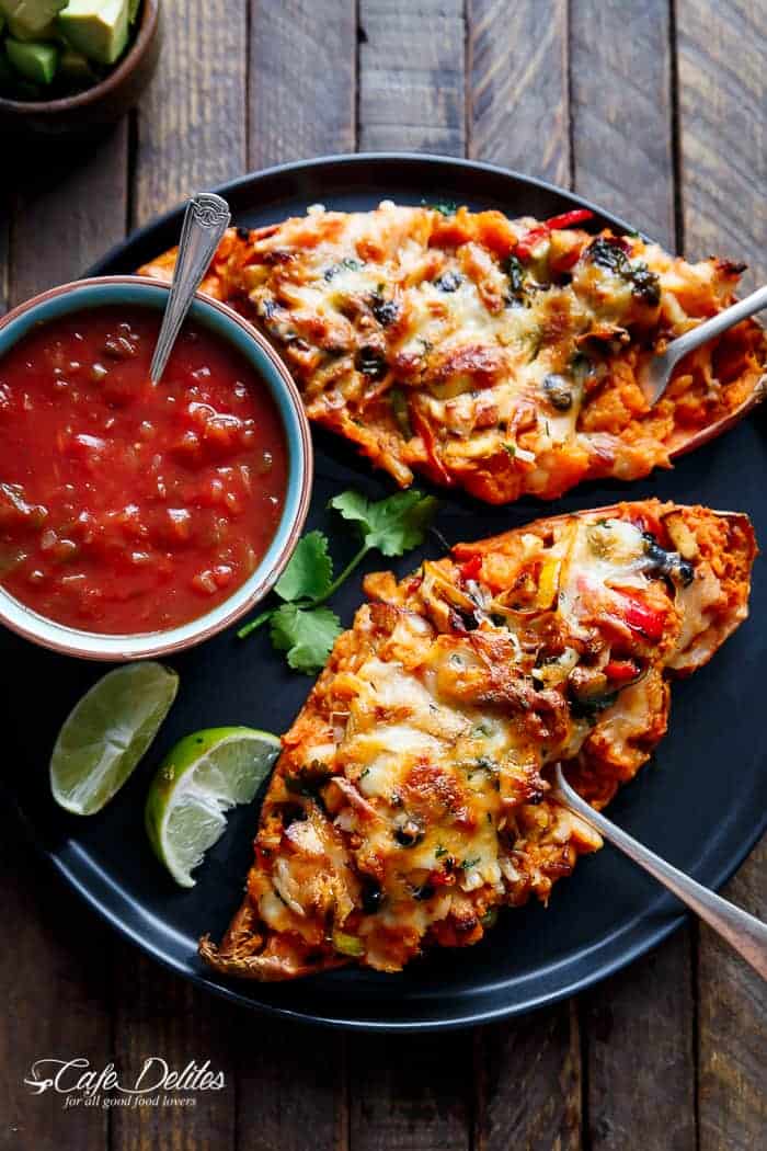 Twice Baked Chicken Fajita Sweet Potatoes: Healthy Tex-Mex Meal